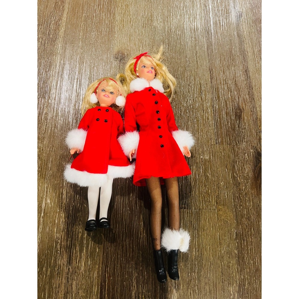 Vintage Barbie and Kelly Holiday Winter Dolls Red Coats Faux Fur Trim Set